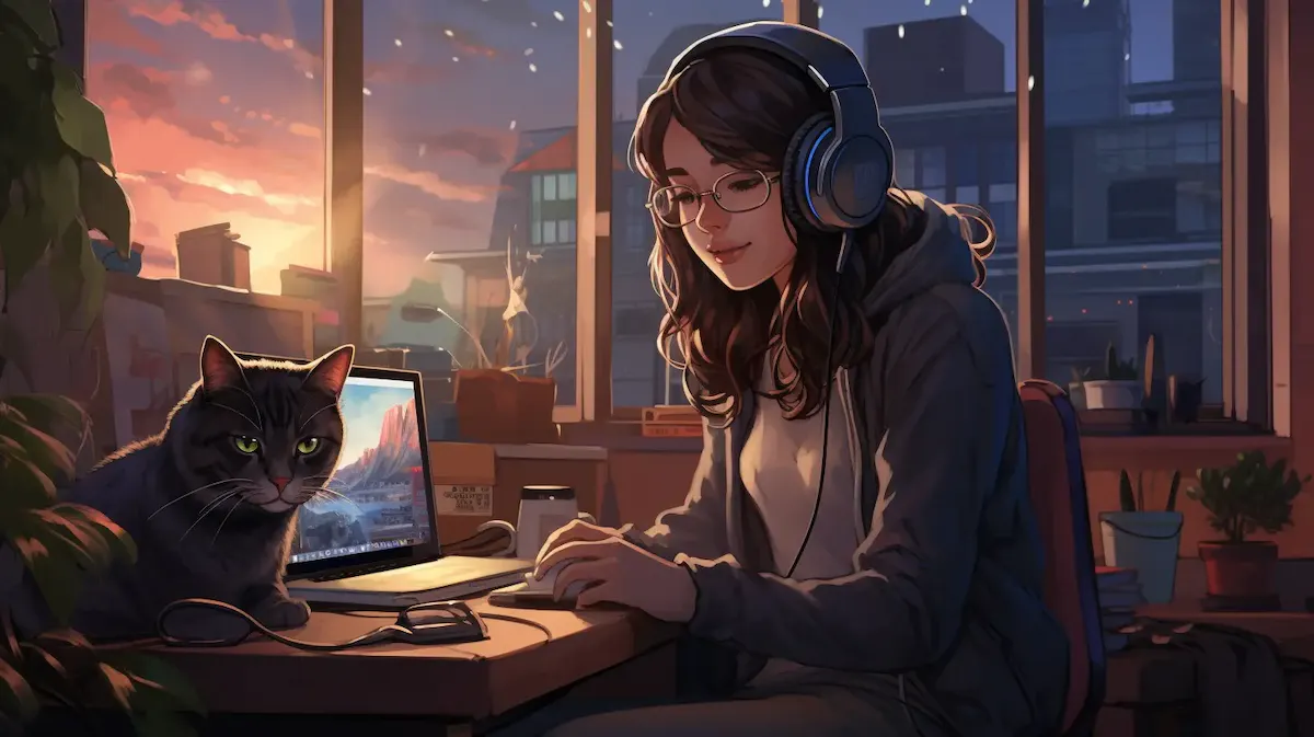 Una chica programando en el ordenador al lado de su gato mientras escucha música